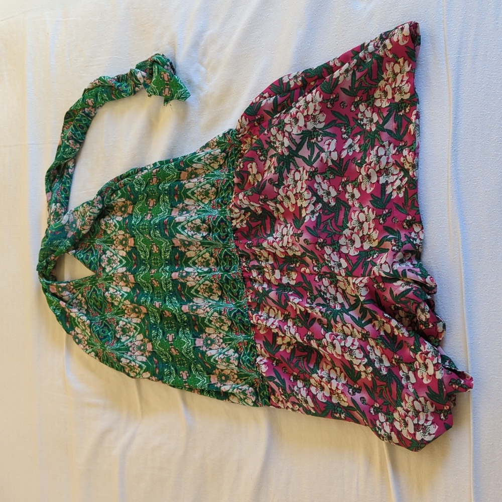 BCBG MAXAZRIA 1 piece, size L, pull up, halter top, pink and green shorts romper